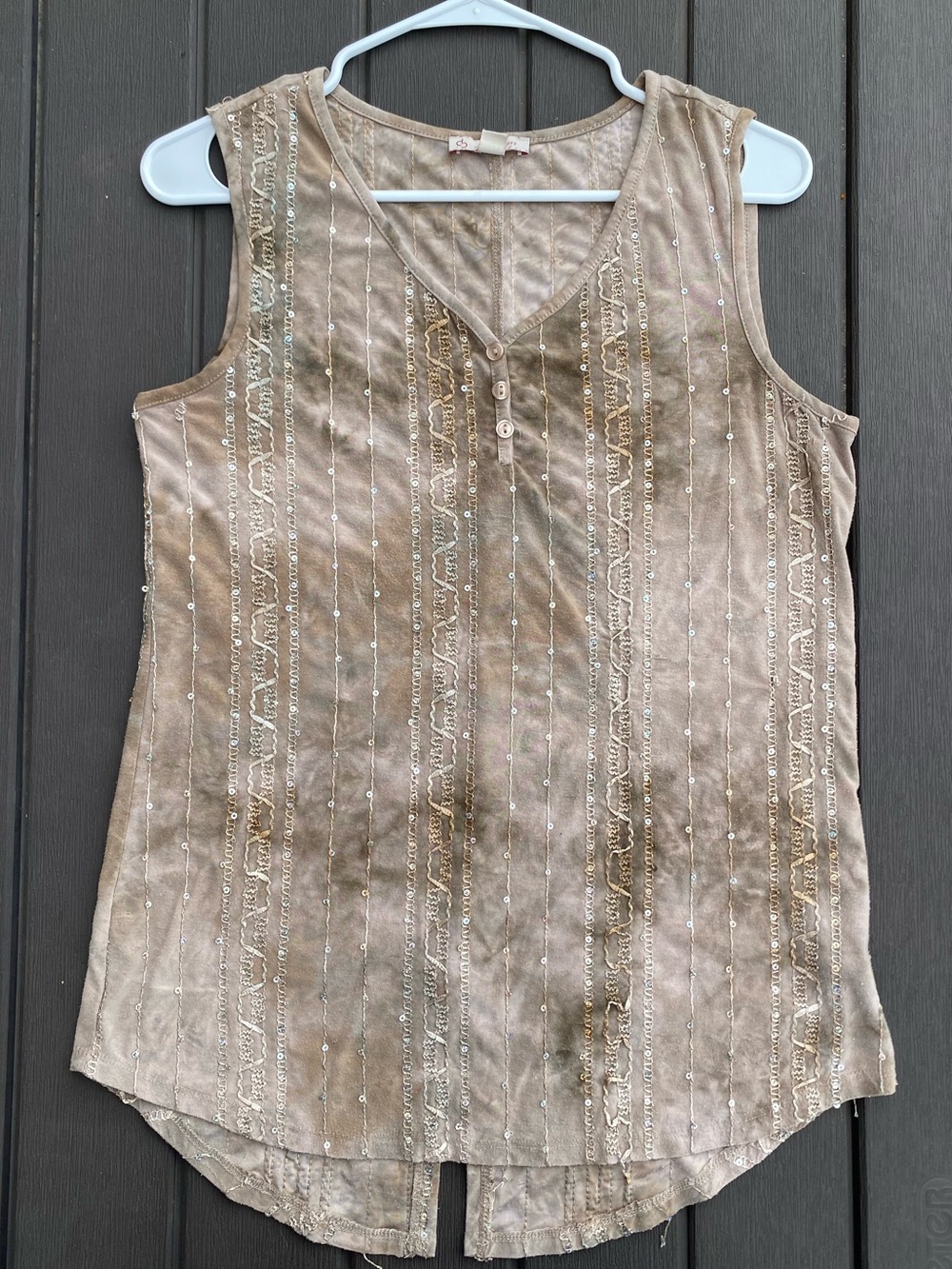 cute y2k/y2k inspired tan/brown buttoned blouse with aurora borealis sequins